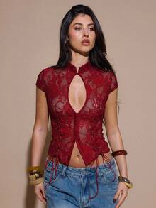 SHEIN BAE 女士纯色短袖蕾丝镂空系带性感修身衬衫，黑色优雅蕾丝上衣 - 酒紅色 - 查看 7