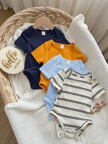 Bộ 4 áo liền quần tay ngắn kẻ sọc co giãn dễ thương cho bé trai/bé gái, áo liền thân cơ bản, thích hợp cho mùa xuân/hè. - Nhiều màu - Xem 5