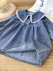 SHEIN LMoss Kids Baby Girls' Blue Denim Lapel Long Sleeve Loose Dress - Light Wash - View 5