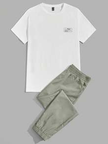 SWAVVY Men Casual Color Block Palm Tree & Slogan Graphic Patched Short Sleeve Tee And Pants Set Summer Outfit, Cozy Outfits, Couple Things - White - View 5