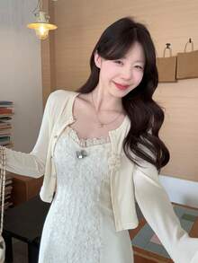 DAZY 两件套女式韩版拼接连衣裙和开衫套装，优雅的春夏休闲套装 - 杏色 - 查看 6