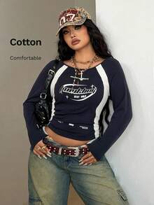 Coolane 女士加大码春夏街头休闲运动装返校休闲棉质撞色深蓝色圆领长袖T恤 - 藏蓝色 - 查看 5