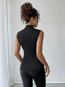 Rafferiza Petite Black Sleeveless Tank Top Sheer Neckline Regular Fit Summer,Seksi Chic Club Blouses For Women,Elegant Women's Dress Shirt,Festival Y2k Tops ,Petite Women - Black - View 2