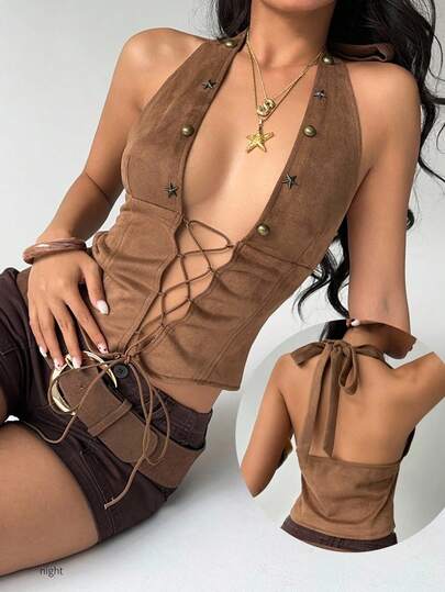 Aloruh 女士金属五芒星装饰系带露背上衣，性感秋季女装，适合所有女性，秋季棕色上衣，适合上学、时尚、音乐会、锐舞音乐节、乡村音乐会、伊比沙岛、纳什维尔等场合，西部牛仔风女装，波西米亚街头风，热带辣妹风女装，可爱夏季上衣，镂空、绳索、铆钉、摩托车、Y2K、辣妹、音乐节
