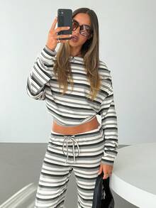 Aloruh Women's Casual Off Shoulder Striped Print Loose Top And Straight Leg Pants 2 Pieces Set,Spring Outfit Women,Casual Outfits For Women,Going Out Sets Women - Multicolor - View 7