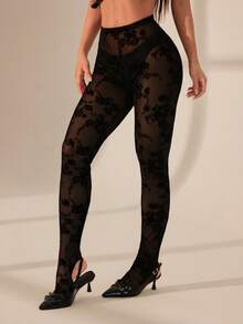 SHEIN PETITE 女士高腰植绒透视打底裤，时尚性感下装，秋冬季修身裤，适合休闲、约会、外出、夜店派对、圣诞节、春夏等场合。 - 黑色 - 查看 2