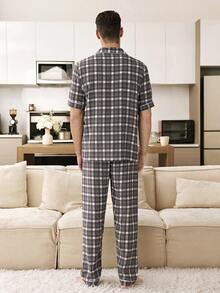 SHEIN 格子印花翻领男士睡衣套装 - 彩色 - 查看 6