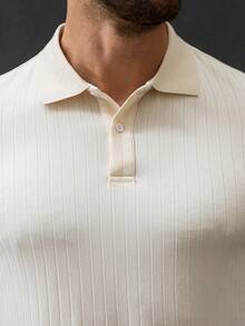 Manfinity CasualCool 男士纯色插肩短袖休闲舒适半开襟Polo衫，米白色上衣，男士纽扣针织Polo衫，男士高尔夫球衫，男士针织衫 - 杏色 - 查看 6