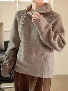 Dazy-Less Women's Solid Color Raglan Sleeve Zip Front Casual Loose Knit Sweater - Khaki - View 4