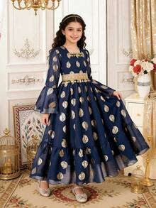 Girls' Long Foil Print Dress, Navy Blue, Spring/Summer - Navy Blue - View 6