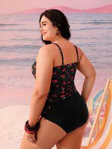Swim Mod Plus Size Women 2pcs Random Print Tankini Swimwear With Tummy Control, Suitable For Beach & Holiday - Multicolor - View 2