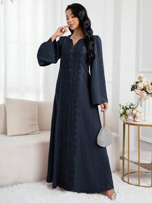 Al Najma 女士纯色简约长袖阿拉伯风格连衣裙，休闲日常穿着 - 藏蓝色 - 查看 5