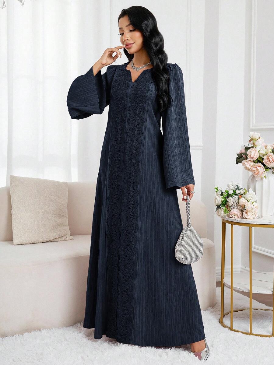 Al Najma Women's Solid Color Minimalist Long Sleeve Arabic Style Dress, Casual Everyday Wear - Navy Blue - View 1