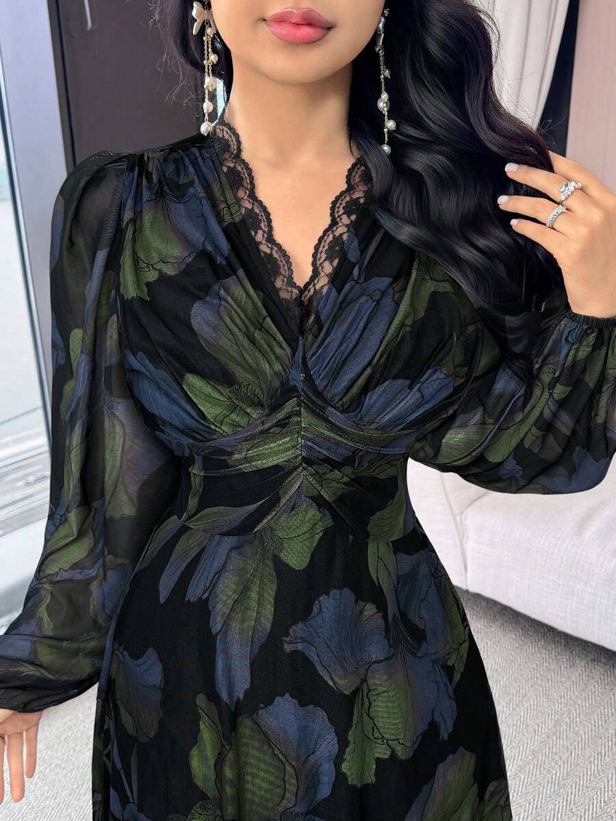 Modelyn Women's V-Neck Lace Patchwork Floral Print Elegant Waist Cinched Long Party Dress