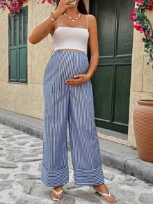 SHEIN 可调节腰围条纹阔腿宽松休闲孕妇裤