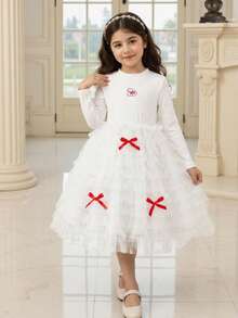 Young Girl White Autumn Party Cartoon Embroidery Contrast Color Red Bows Sheer Mesh Layered Ruffle Hem Long Sleeve Church Children Dress - White - View 2