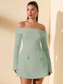 SHEIN BAE Women's Autumn Off-Shoulder Long Sleeve Decor Cocktail Dress For Party, Date Night - Mint Green - View 4