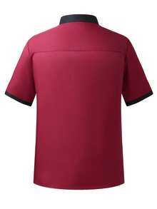 Manfinity Homme 男士撞色纽扣短袖口袋厨师衬衫，红色立领男士衬衫，酒红色男士上衣，男女通用工作服，烘焙制服，系带酒店厨师厨房制服 - 紅色 - 查看 2