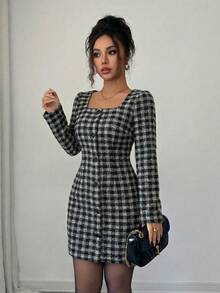 Elenzga 女士优雅复古黑咖啡格纹羊毛面料修身短款连衣裙，方领设计，秋冬款 - 黑與白 - 查看 3