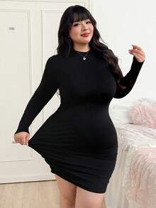 CovetEZ Plus Size Black Ribbed Bodycon Dress, Solid Color, Round Neck, Suitable For Spring & Autumn - Black - View 10