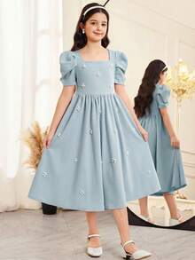 少女优雅珍珠点缀方领羊腿袖荷叶边下摆缎面连衣裙，适合婚礼、派对、生日、聚会、春夏穿着。 - 淺藍色 - 查看 4