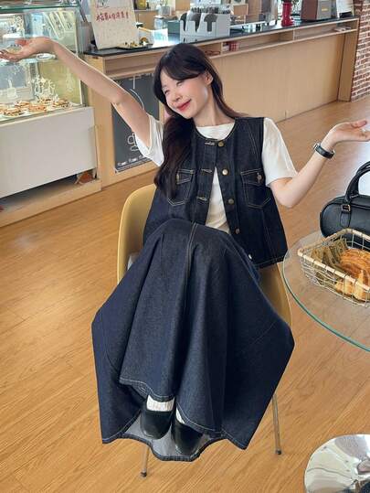 DAZY Women's Solid Color Vintage Washed Denim Set