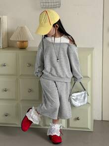 DAZY 2pcs/Set Young Girls Off-Shoulder Long Sleeve Sweatshirt & Shorts Set Spring - Grey - View 7