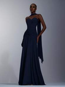 Elitara Elegant Gray-Green High-Stretch Knit Mesh Bustier With Ruched Front, Twisted Waist Design, Mermaid Hem (Detachable Halter), Suitable For Dates, Vacations, Singles Parties, Weddings, And All Formal Occasions, Formal Evening Gown - Navy Blue - View 4