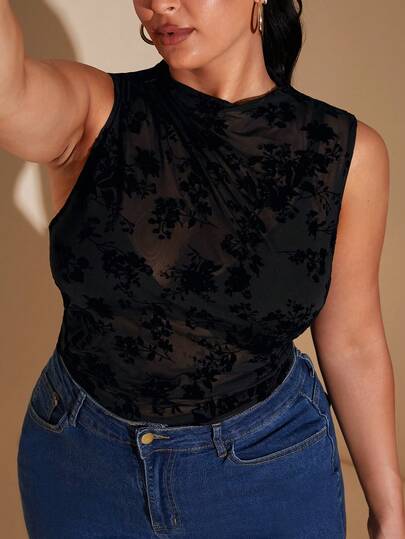 SHEIN BAE 大码女士优雅波点透视连体衣/夏季上衣/节日装/大码T恤/大码上衣/夏季上衣/黑色上衣/度假/女士度假装