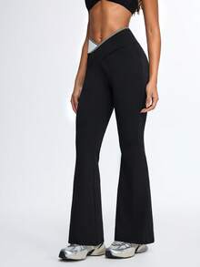 Eassivo Eassivo Contrast Waistband Flared Casual Sports Pants - Black - View 2