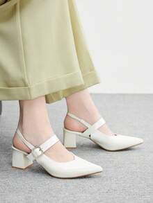 CUCCOO BIZCHIC Giày cao gót mũi nhọn, gót chunky, màu trắng, quai ngang, kiểu dáng tối giản, thoải mái dành cho nữ, phù hợp cho công sở, dự tiệc và các dịp thường ngày. - Màu trắng - Xem 5