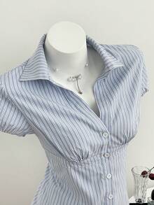 Mori Grove Mori Grove Women's Blue White Stripe Collared V-Neck Short Sleeve Blouse,Summer Elegant And Classy School Back-To-School Striped Shirt Camisas For Women - Blue - View 4