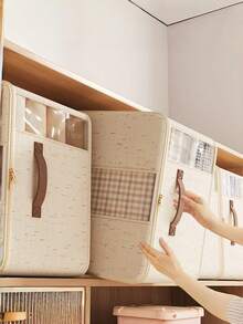 1 pièce Boîte de rangement beige avec poignée, boîte de rangement pliable en tissu pour vêtements, organisateur de couverture, sac de rangement saisonnier, sac de rangement pour couette et literie, étagère de placard, gain d'espace, décoration d'intérieur - Beige transparent - Voir 2