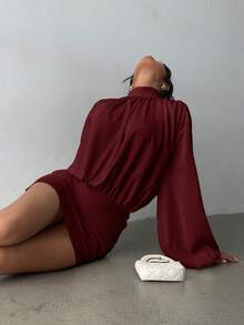 Aloruh 女士性感露背迷你长袖紧身连衣裙，圣诞节和新年派对鸡尾酒会礼服 - 酒紅色 - 查看 7