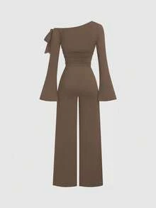 Sweetra Women's Solid Color Metal Buckle Decor Long Sleeve Jumpsuit, Autumn/Winter Long Sleeve Jumpsuits For Woman - Khaki - View 2