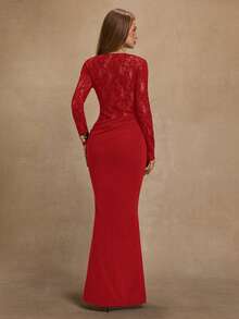 SHEIN BAE 长袖棕色蕾丝拼接网纱鱼尾下摆优雅女式连衣裙，适合鸡尾酒会、浪漫约会、秋冬内搭连衣裙、派对、正式聚会、夜间外出、圣诞节等场合，棕色连衣裙 - 紅色 - 查看 2