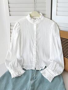 SHEIN 少女纯色荷叶边下摆休闲衬衫，优雅正式上衣，适合青少年女孩，女童校服衬衫 - 白色 - 查看 4