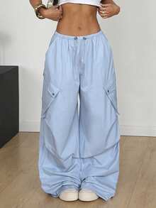 Muchica Women's New Elastic Waist Wide Pocket Loose Drawstring Ankle Length Pants - Blue - View 1