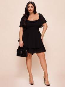 SHEIN BAE 大码女式黑色荷叶边袖连体裤 - 黑色 - 查看 3