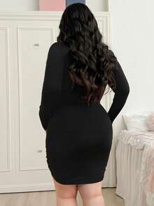 CovetEZ Plus Size Black Ribbed Bodycon Dress, Solid Color, Round Neck, Suitable For Spring & Autumn - Black - View 2