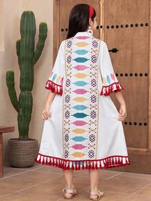 Bộ 2 món cho bé gái tuổi teen, kiểu dáng thường ngày, gồm áo khoác và váy chữ A in họa tiết patchwork tua rua, màu đỏ tía và be. - Màu Đỏ Sâu - Xem 3