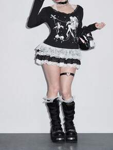 ROMWE Áo thun dài tay ren họa tiết hoạt hình tối màu cỡ lớn cho nữ (Bao gồm áo hai dây ren và viền ren vá) - màu đen - Xem 10