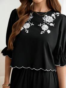 Easowa 2pcs/Set Women's Casual Floral Embroidered Ruffle Sleeve Blouse And Elastic Waist Wide Leg Pants Suit, Elegant Commuter Vacation Outfit, Spring/Summer