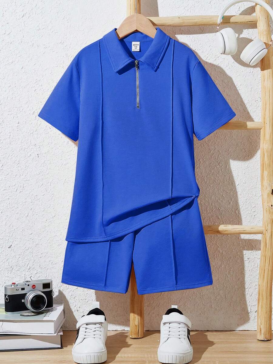 SHEIN 男童宽松休闲翻领纯色短袖polo衫和短裤两件套 - 寶藍色 - 查看 1