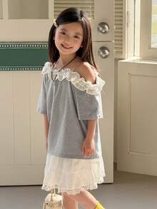 DAZY Young Girl' Casual Ruffle Trim Asymmetrical Shoulder Short Sleeve T-Shirt - Grey - View 5