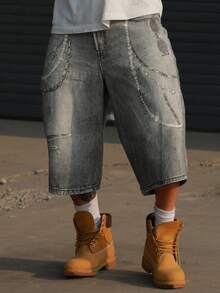 DAZY Men's Distressed Washed Grey Patterned Digital Print Denim Shorts, Summer - Grey - View 6