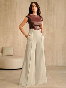 Anewsta 女士纯色高腰V领时尚口袋喇叭裤，秋冬款 - 杏色 - 查看 6