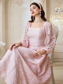 Modelyn 女士纯色蕾丝常规长袖优雅连衣裙 - 粉色 - 查看 1