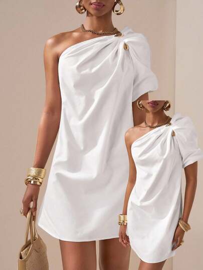 Zivah 2025 Spring/Summer New Music Festival, Easter, St. Patrick's Day, Western, Nomadic, Birthday, Graduation, College, Student, Casual, Vacation, Cruise, Beach, Sunbathing, Street Style, Elegant White Asymmetric Ruched Puff Sleeve Mini Dress