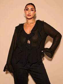 SHEIN BAE 大码秋季优雅甜美性感女士黑色雪纺荷叶边装饰修身长袖开衫衬衫日常穿着透视装